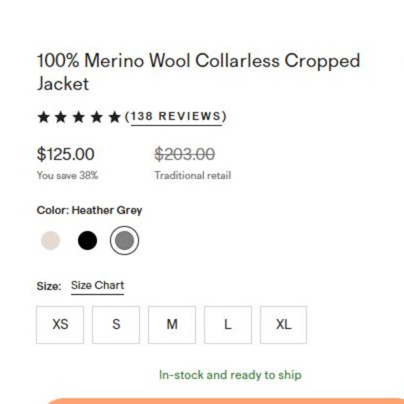 NWT New Quince Gray Merino Wool Collarless Cropped Lady Jacket S - Picture 5 of 11